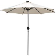 Outsunny Chapéu de Sol de Jardim Ø270x240cm com 24 Luzes LED Solar Mecanismo de Inclinação Manivela e Mastro Desmontável de Metal para Terraço Piscina Pátio Creme