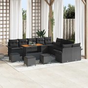 vidaXL Conjunto de Sofá para Jardim com 14 Peças - Almofadas Pretas de Polirattan e Acácia