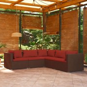 5 pcs conjunto lounge de jardim c/ almofadões vime PE castanho