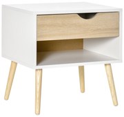 HOMCOM Criado Mudo Mesa de Cabeceira com Gaveta estilo Moderno Pernas em Madeira Maciça 50x39x51 cm Branco e Madeira Natural | Aosom Portugal