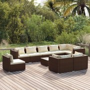 10 pcs conjunto lounge de jardim c/ almofadões vime PE castanho