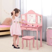 Conjunto toucador infantil com banco de pele dobrável em 3 partes e gaveta 70 x 34 x 104 cm rosa