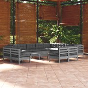 13pcs conjunto lounge de jardim + almofadões pinho maciço cinza