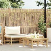 vidaXL 3 pcs conj. lounge p/ jardim em bambu c/ almofadões branco nata