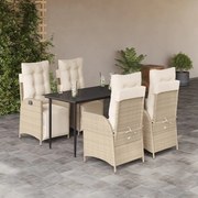 vidaXL 5 pcs conjunto de jantar p/ jardim com almofadões vime PE bege