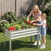Floreira Elevada de Metal 112 x 55 x 81 cm com Revestimento Eletroforético e Drenagem para Legumes, Flores e Frutas - Prateada