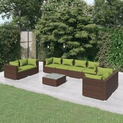 9 pcs conjunto lounge de jardim c/ almofadões vime PE castanho