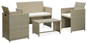 4 pcs conjunto lounge de jardim c/ almofadões vime PE bege