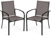 Conjunto de 4 cadeiras de jantar para áreas externas, empilháveis, com apoio de braços alto em tecido respirável e estrutura de metal cinza
