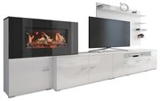 Mobiliário de sala de estar/jantar com lareira eléctrica com 5 níveis de chama, acabamento Lacado Branco Mate e Branco Brilhante, medidas: 290x170x45c