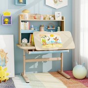 Secretária infantil 100 x 60 x 111-135 cm com estante e gaveta em altura com superfície inclinável Prateleiras Atril e porta-lápis azul