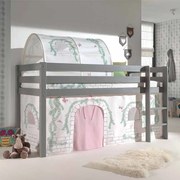 Conjunto Cama alta de Criança PINO 90 x 200 cm + estrado + escada + cortina + tunel Pássaro Cinzenta