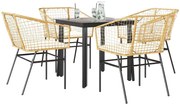 vidaXL Conjunto jantar jardim 5 peças almofadas vidro vime PE castanho