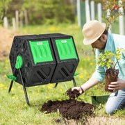 Compostor Giratório de 130L Recipiente de Compostagem  de Dupla Câmara com Aberturas de Ventilação 67x60x77 cm Preto e Verde