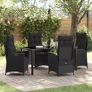 vidaXL Conjunto de jantar de jardim com 5 peças e almofadas pretas em rattan sintético.