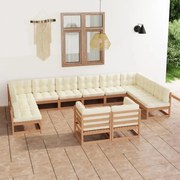 vidaXL 12pcs conj. lounge jardim almofadões pinho maciço castanho mel