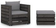 2 pcs conj. lounge jardim + almofadões madeira impreg. cinzento