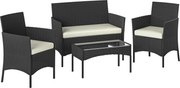 Outsunny Conjunto de Móveis de Jardim em Vime Sintético com Sofá Poltronas e Mesa de Vidro Temperado com Almofadas Preto e Creme | Aosom Portugal