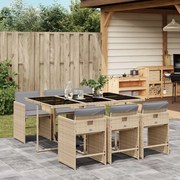 vidaXL 7 pcs conj. jantar jardim c/ almofadões vime PE bege misturado
