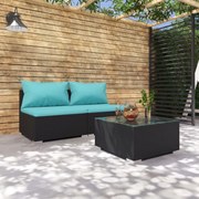 3 pcs conjunto lounge de jardim c/ almofadões vime PE preto