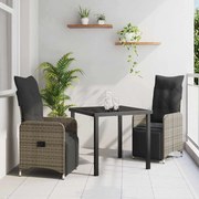 vidaXL Conjunto de Mesa e Cadeiras de Jardim 3 Peças com Almofadas de Rattan Cinza