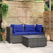 3 pcs conjunto lounge de jardim c/ almofadões vime PE cinzento