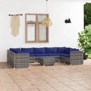 10 pcs conjunto lounge de jardim c/ almofadões vime PE cinzento