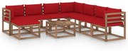 9 pcs conjunto lounge para jardim com almofadões vermelhos