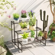 Suporte para Plantas de Três Níveis com Design em Escada e Estrutura Metálica Resistente para Interior e Exterior Preto