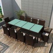 11 pcs conjunto jantar exterior com almofadões vime PE castanho