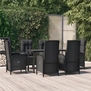 7 pcs conjunto de jantar p/ jardim c/ almofadões vime PE preto