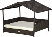 PawHut Rattan Cama para Cães para Exterior com Teto, Cama Elevada para Cães 69 x 98 x 70 cm Cama Refrescante para Animais de Estimação com Estrutura Metálica, Almofadas Removíveis para Cães Pequenos e Médios, Café-Marrom | Aosom Portugal