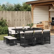 11 pcs conjunto de jantar p/ jardim c/ almofadões vime PE preto