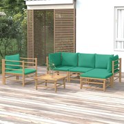 6 pcs conjunto lounge de jardim bambu c/ almofadões verdes