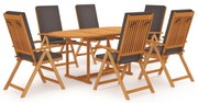 vidaXL 7 pcs conjunto jantar jardim + almofadões cinzentos teca maciça