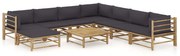 vidaXL 9 pcs conj. lounge jardim em bambu c/ almofadões cinza-escuro