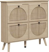 HOMCOM Móvel para Sapatos 4 Portas Basculantes 20 Pares Prateleira Ajustável Estilo Boho Pés em Madeira Maciça 105x24x97,5 cm Natural | Aosom Portugal