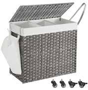 SONGMICS Cesto de roupa suja com tampa, 160 L, Cesto de roupa suja, 3 compartimentos, Separador de roupa suja com rodas, Visual de ratã, Saco de roupa suja, Removível, para lavanderia, 70 x 36 x 66 cm, Cinza LCB365G01