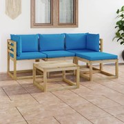 5 pcs conjunto lounge de jardim com almofadões azul-claro