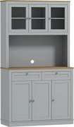 HOMCOM Armário de Cozinha com 3 Portas de Vidro Compartimento Aberto 2 Gavetas e Prateleiras Ajustáveis 100x40x180 cm Cinzento | Aosom Portugal