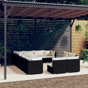 vidaXL 12 pcs conjunto lounge de jardim c/ almofadões vime PE preto