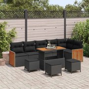 vidaXL Conjunto de Sofá de Jardim com 10 Peças e Almofadas de Rattan Poli Preto e Acácia