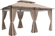 Outsunny Pérgola para Jardim 3x4 m Pérgola de Exterior com Telhado Duplo 6 Paredes Laterais Estrutura Metálica Cáqui | Aosom Portugal