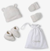 Conjunto gorro, luvas/mitenes e sapatinhos em algodão bio e bolsa personalizável  cru