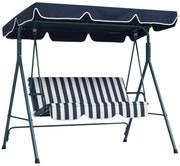 Outsunny Baloiço Jardim 3 Lugares Almofada Confortável Toldo Ajustável Estrutura Metal Resistente 172x110x153cm Azul Branco | Aosom Portugal
