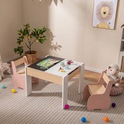Conjunto de mesa e 2 cadeiras para crianças Mesa de atividades de madeira 4 em 1 para arte, desenho, leitura e quadro removível Rosa