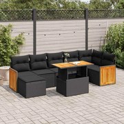vidaXL 8 pcs conjunto sofás jardim com almofadões vime PE/acácia preto