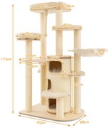 Arranhador de madeira de 173 cm com caverna para gatos, tapetes, bola e corda para pendurar, árvore para gatos cinza