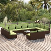 13 pcs conjunto lounge de jardim c/ almofadões vime PE castanho