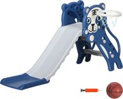 AIYAPLAY Escorrega para Crianças 2 em 1 com 2 Degraus Cesta de Basquetebol e Desenho de Tigre para Interior 133x60x70 cm Azul | Aosom Portugal